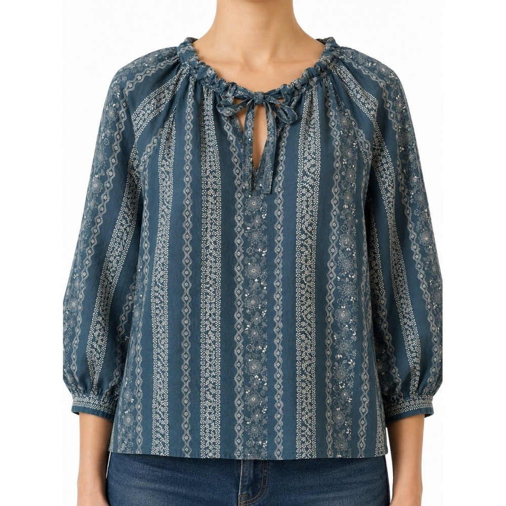 a.n.a Womens Boho Floral Stripe Peasant Blouse Top Teal Blue Cotton M